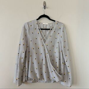 Le Lis-Pinstripe and Pineapple Faux Wrap Slit Bell Sleeve Top (Medium)